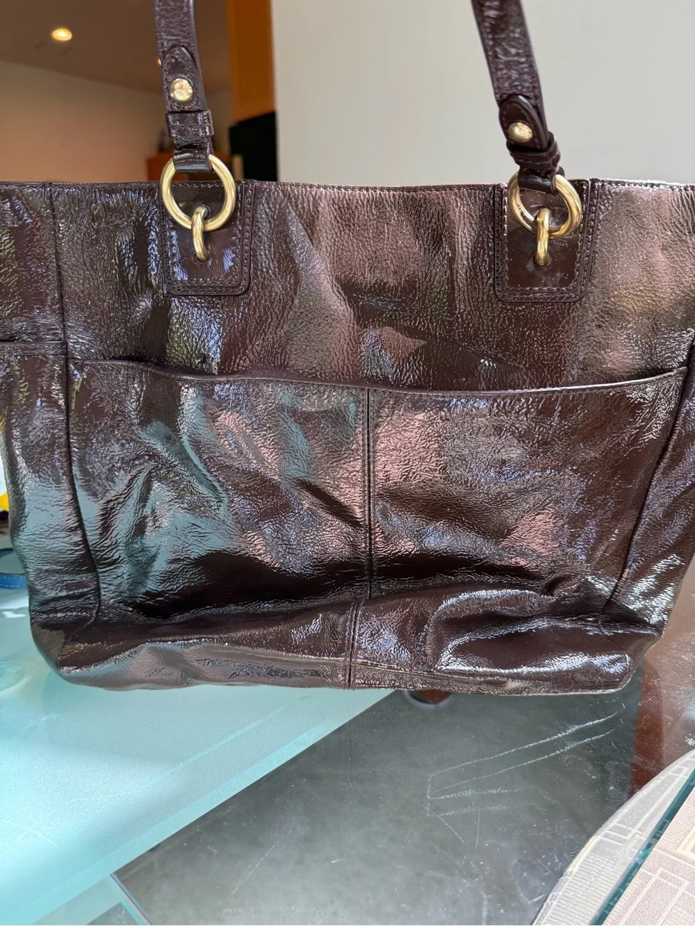 Coach Women's Patent Leather Tote - Dark Brown